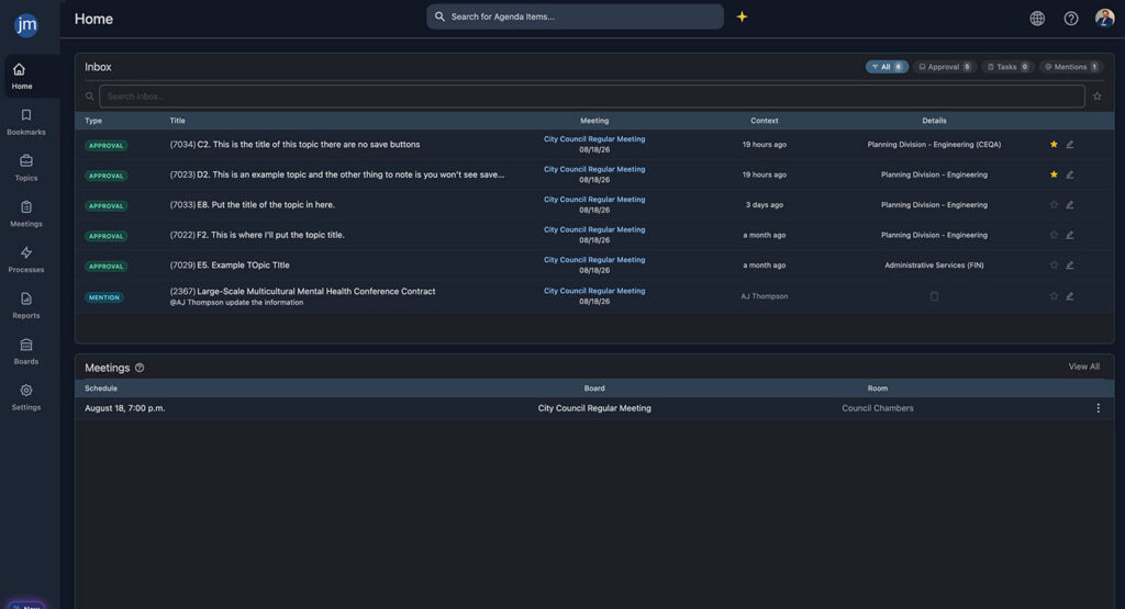 justmeetings home inbox and task list