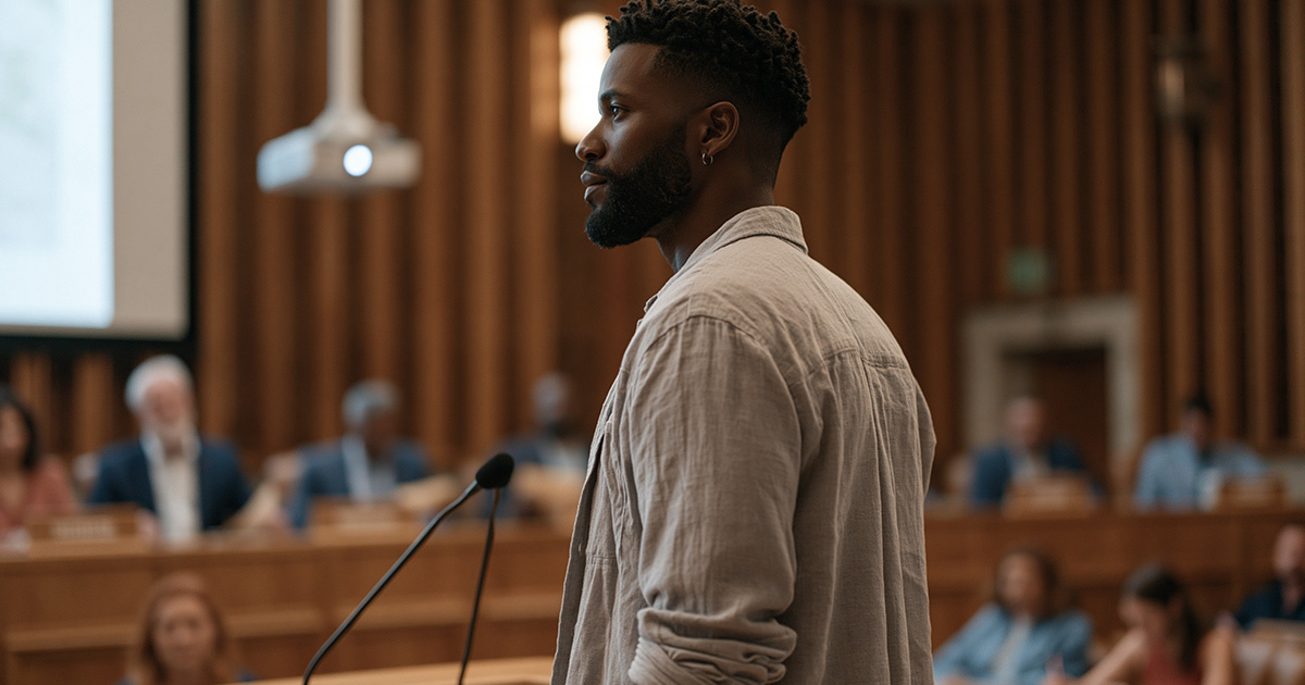 resident approaches public comment microphone